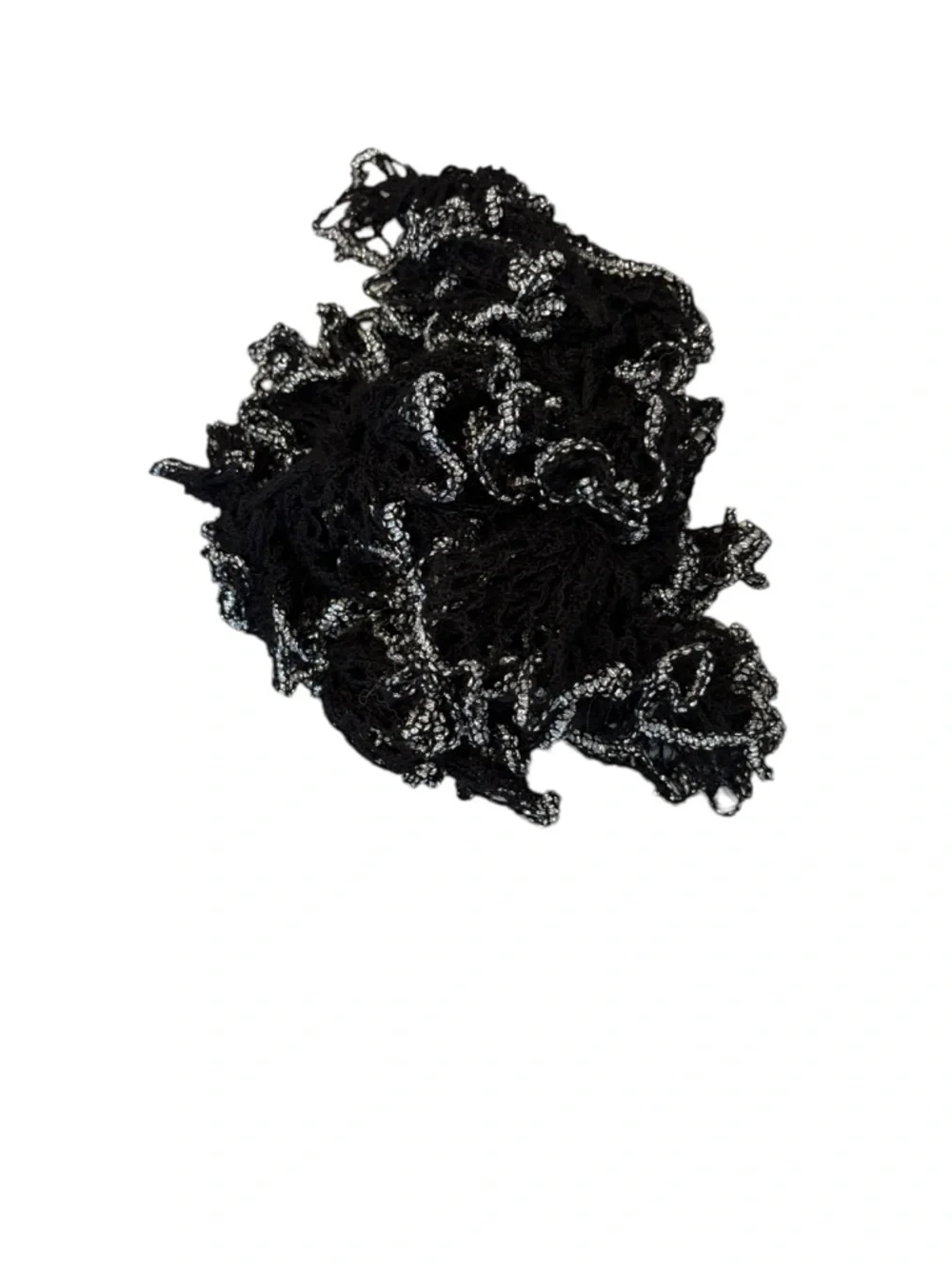 Black Silver Trim‎ Twisted Crochet Ruffled Scarf Long 66” Boho Boutique Preppy